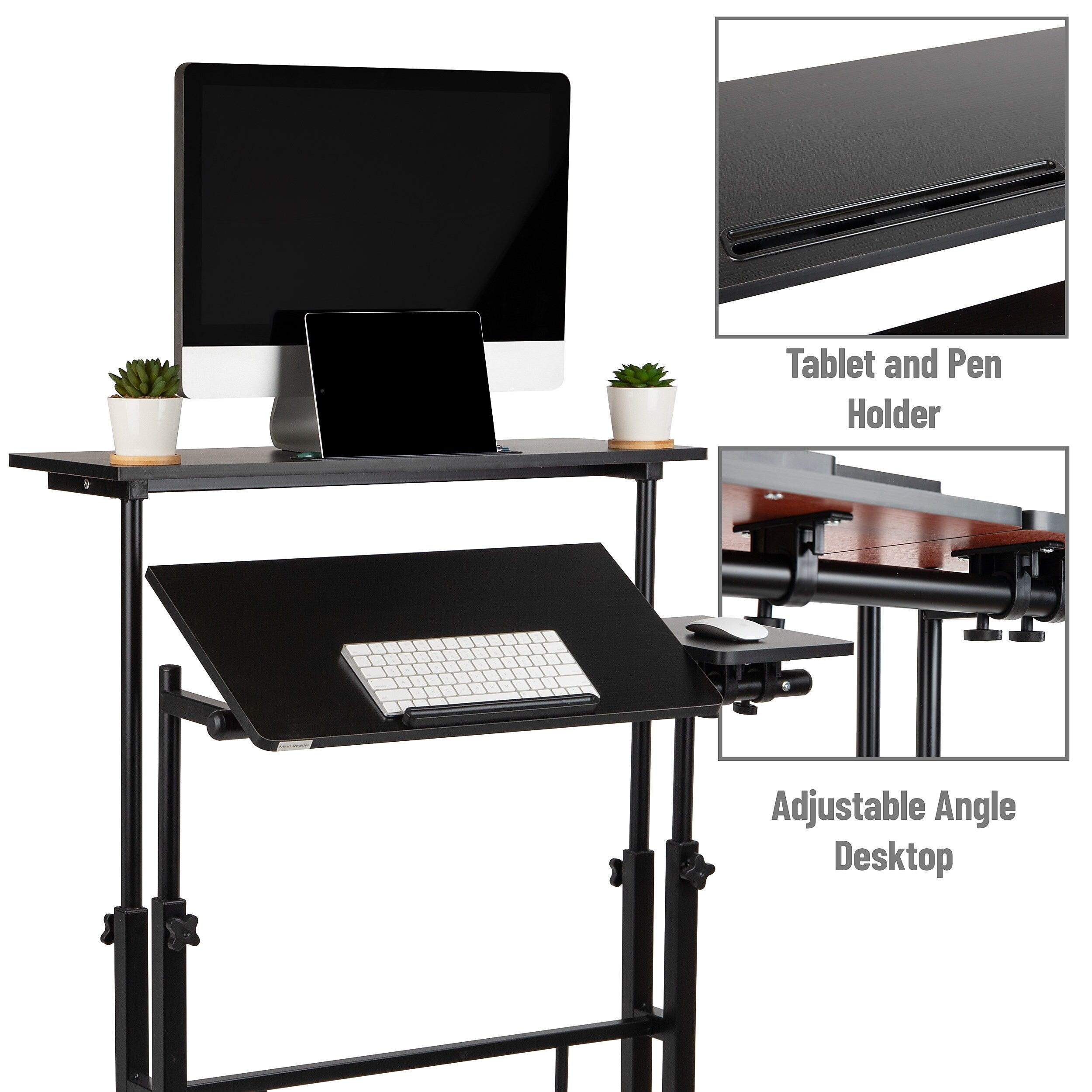 Mind Reader Woodland Collection 27.5"-45.25" Mobile Adjustable Sit/Stand Desk, Black