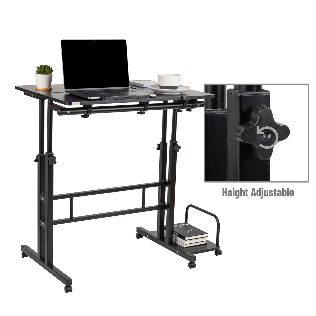 Mind Reader Woodland Collection 27.5"-45.25" Mobile Adjustable Sit/Stand Desk, Black