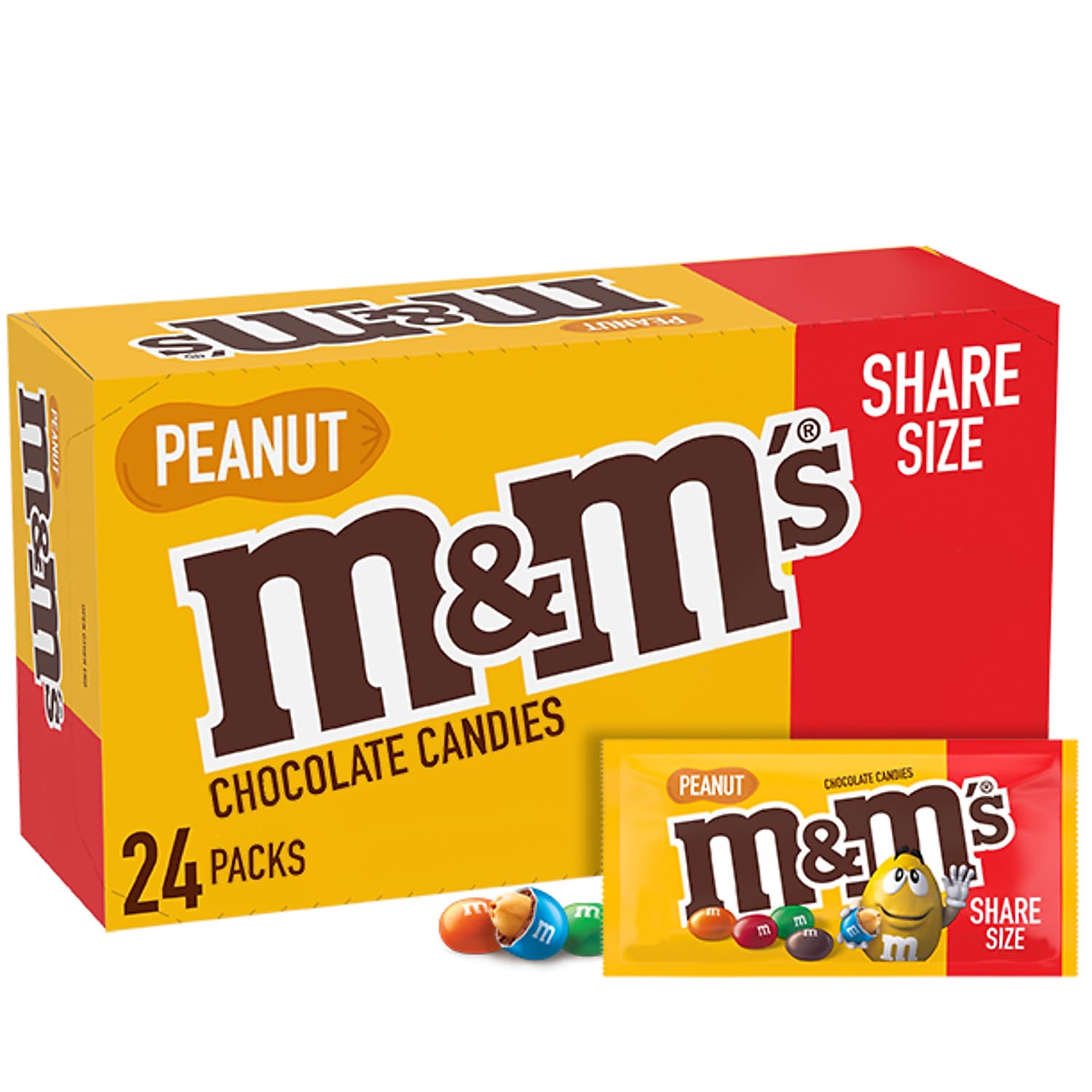 M&M's Sharing Size Peanut Milk Chocolate Pieces, 3.27 oz., 24/Box