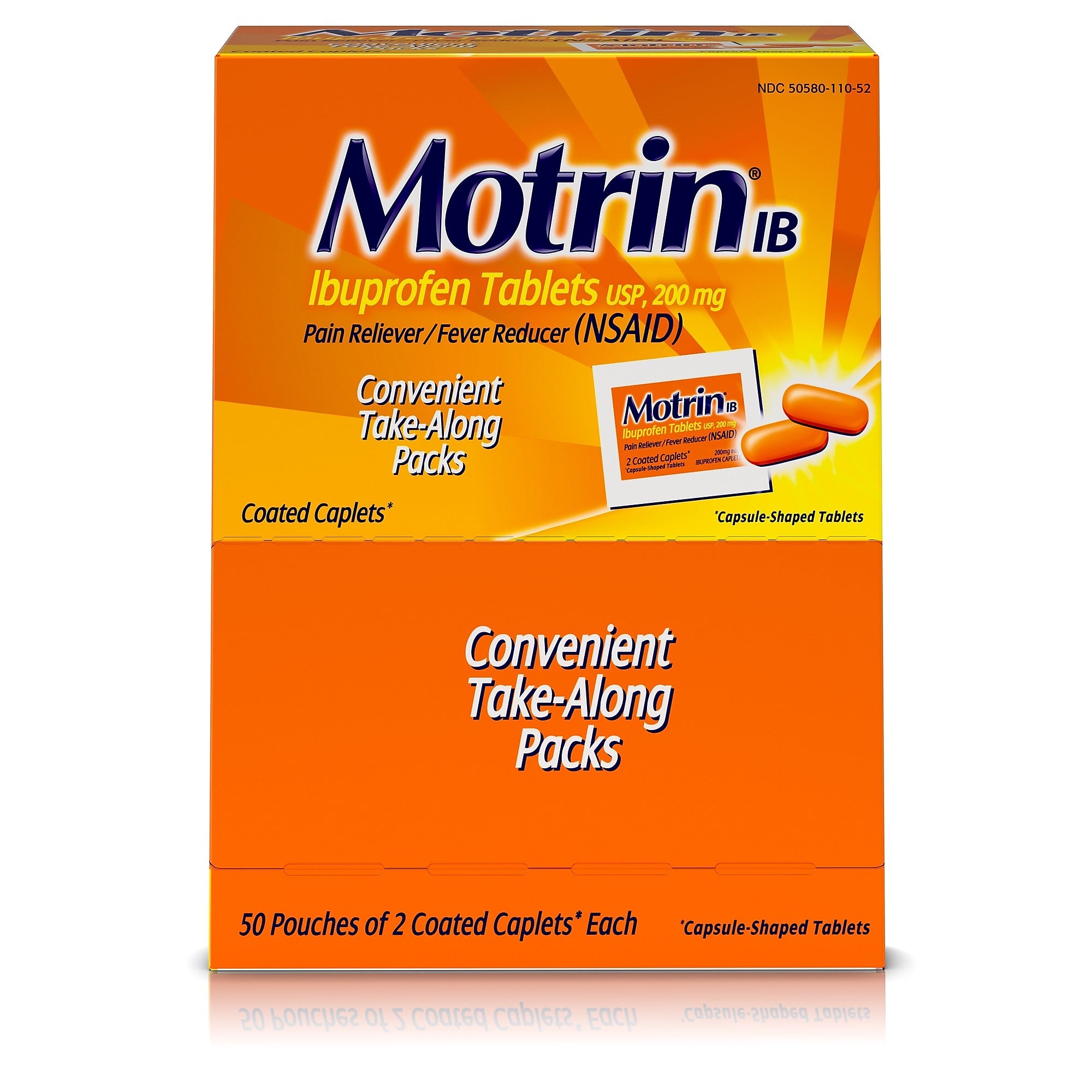 Motrin IB Ibuprofen Tablets, 200 mg, 2 Tablets/Packet, 50 Packets/Box