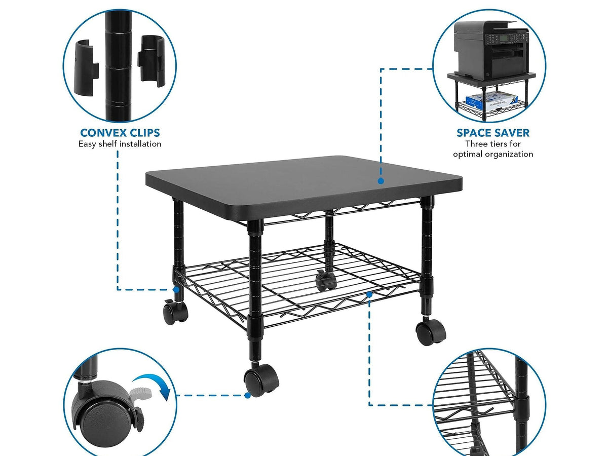 Mount-It! 2-Shelf Laminate/Steel Mobile Printer Stand with Dual Wheel Casters, Black