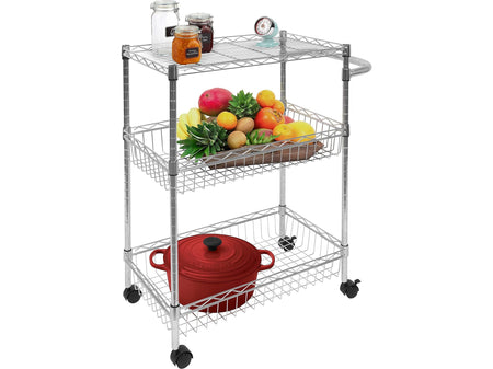 Mount-It! 3-Shelf Metal Mobile Utility Cart with Lockable Wheels, Silver