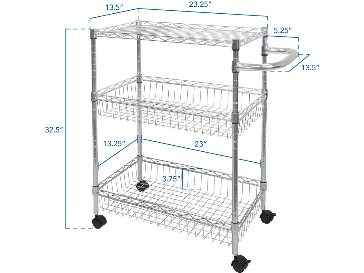 Mount-It! 3-Shelf Metal Mobile Utility Cart with Lockable Wheels, Silver