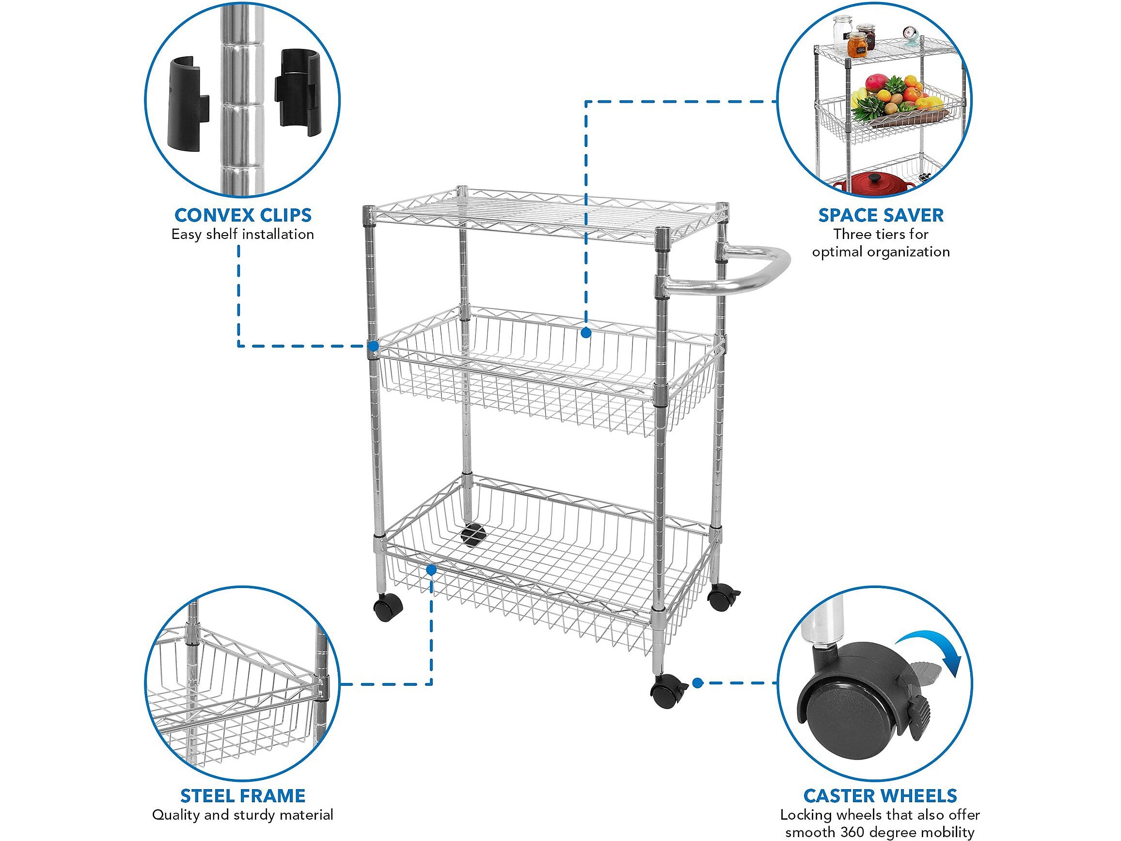 Mount-It! 3-Shelf Metal Mobile Utility Cart with Lockable Wheels, Silver