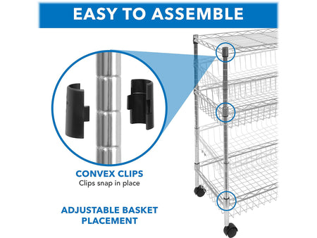 Mount-It! 3-Shelf Metal Mobile Utility Cart with Lockable Wheels, Silver