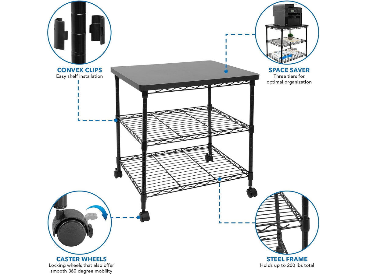 Mount-It! 3-Shelf Steel/Laminate Large Printer Cart with Wheels, Black