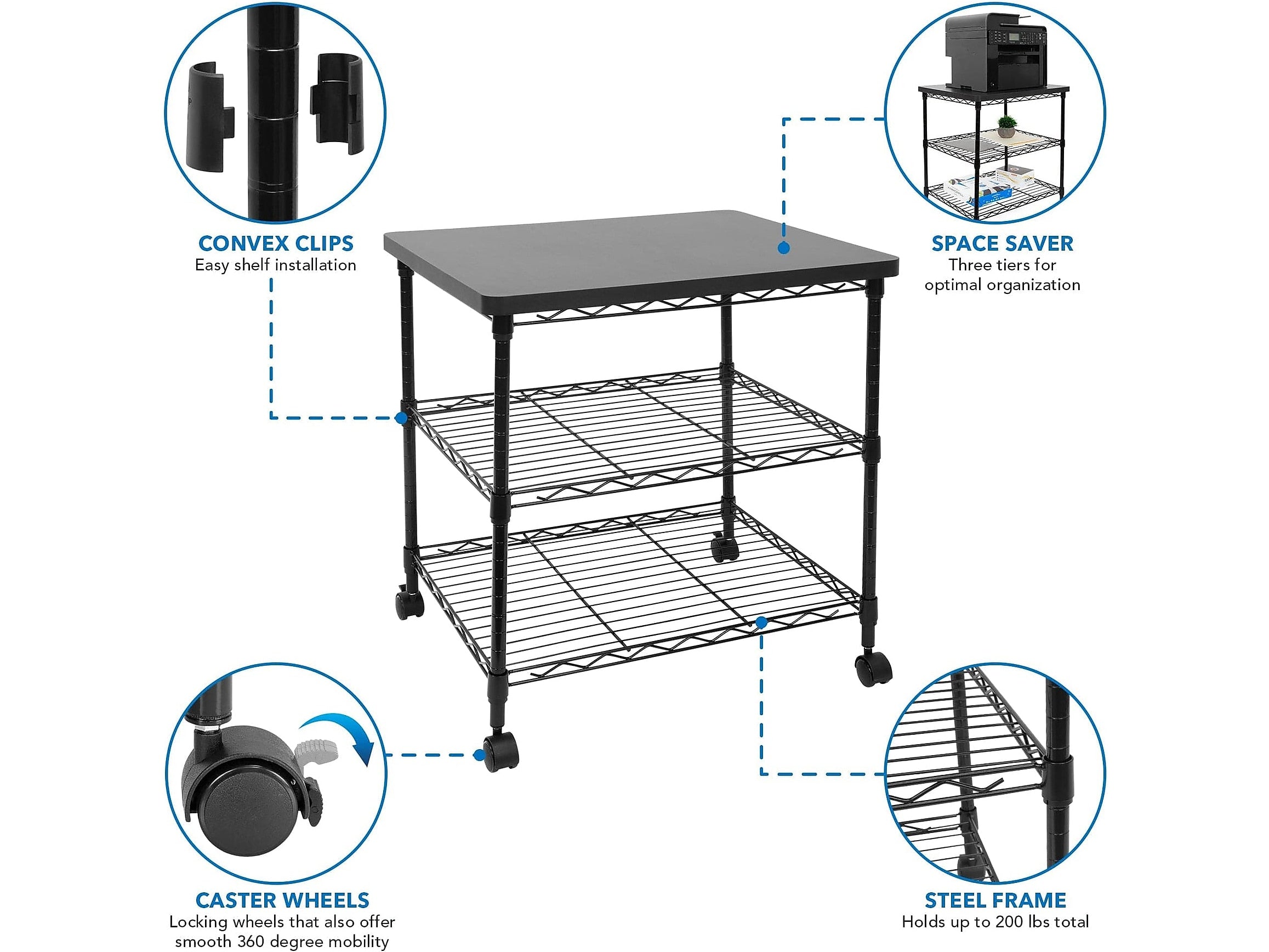 Mount-It! 3-Shelf Steel/Laminate Large Printer Cart with Wheels, Black