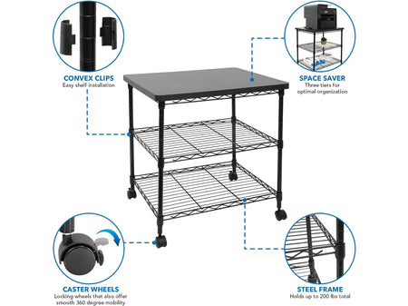 Mount-It! 3-Shelf Steel/Laminate Large Printer Cart with Wheels, Black