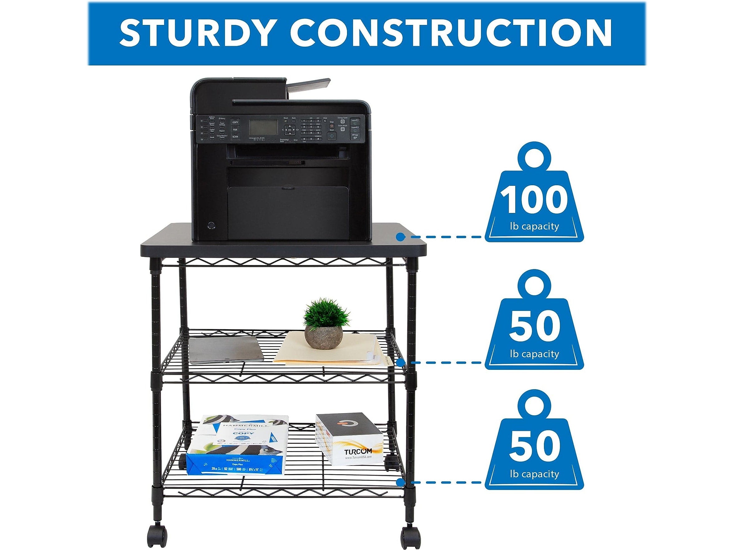 Mount-It! 3-Shelf Steel/Laminate Large Printer Cart with Wheels, Black