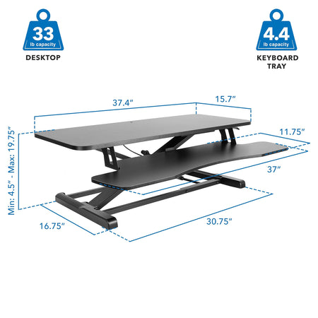 Mount-It! 36"W Manual Adjustable Standing Desk Converter, Black