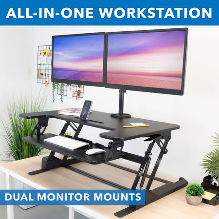 Mount-It! 36"W Manual Adjustable Standing Desk Converter with Dual Monitor Mount, Black