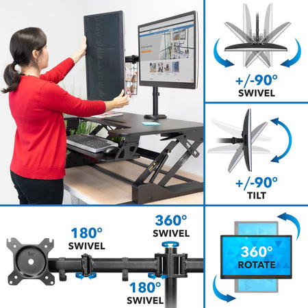 Mount-It! 36"W Manual Adjustable Standing Desk Converter with Dual Monitor Mount, Black