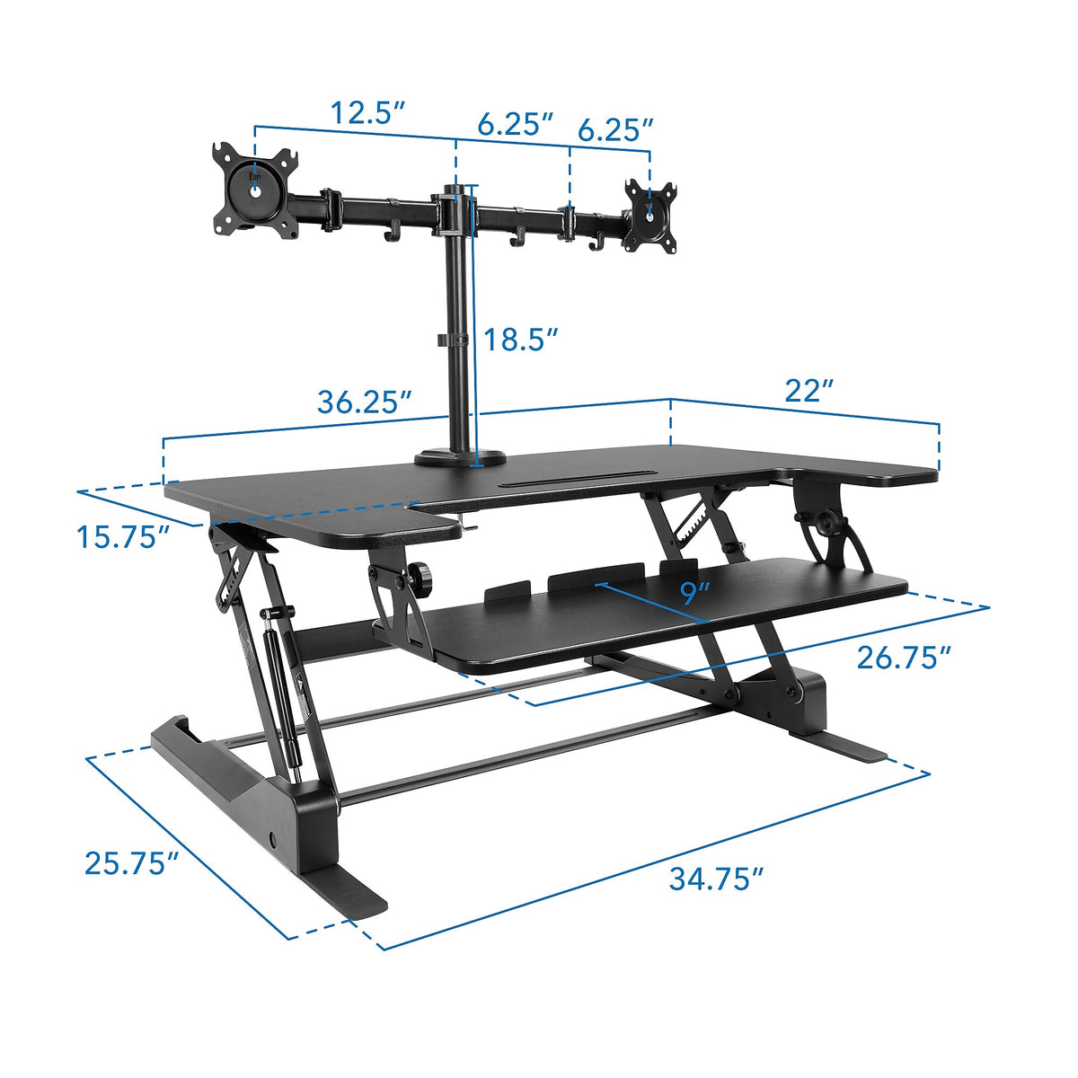 Mount-It! 36"W Manual Adjustable Standing Desk Converter with Dual Monitor Mount, Black