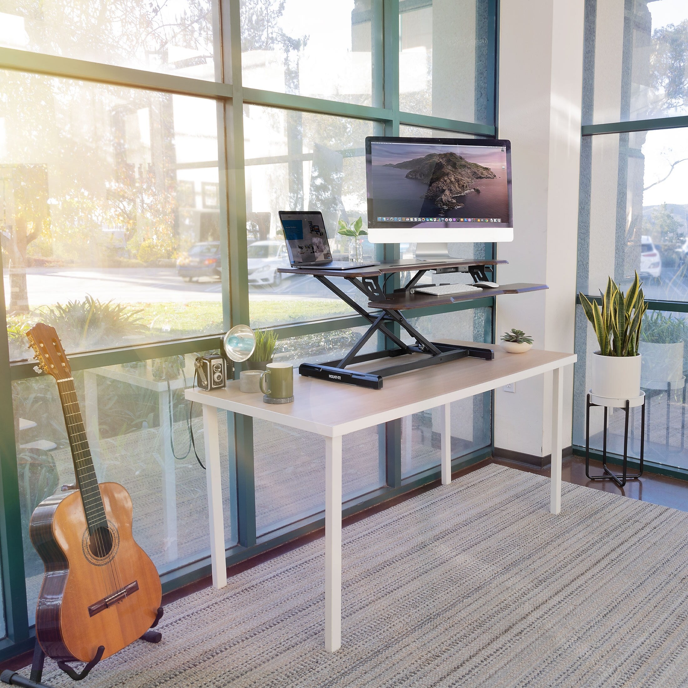 Mount-It! 38"W Manual Adjustable Standing Desk Converter, Dark Walnut Woodgrain