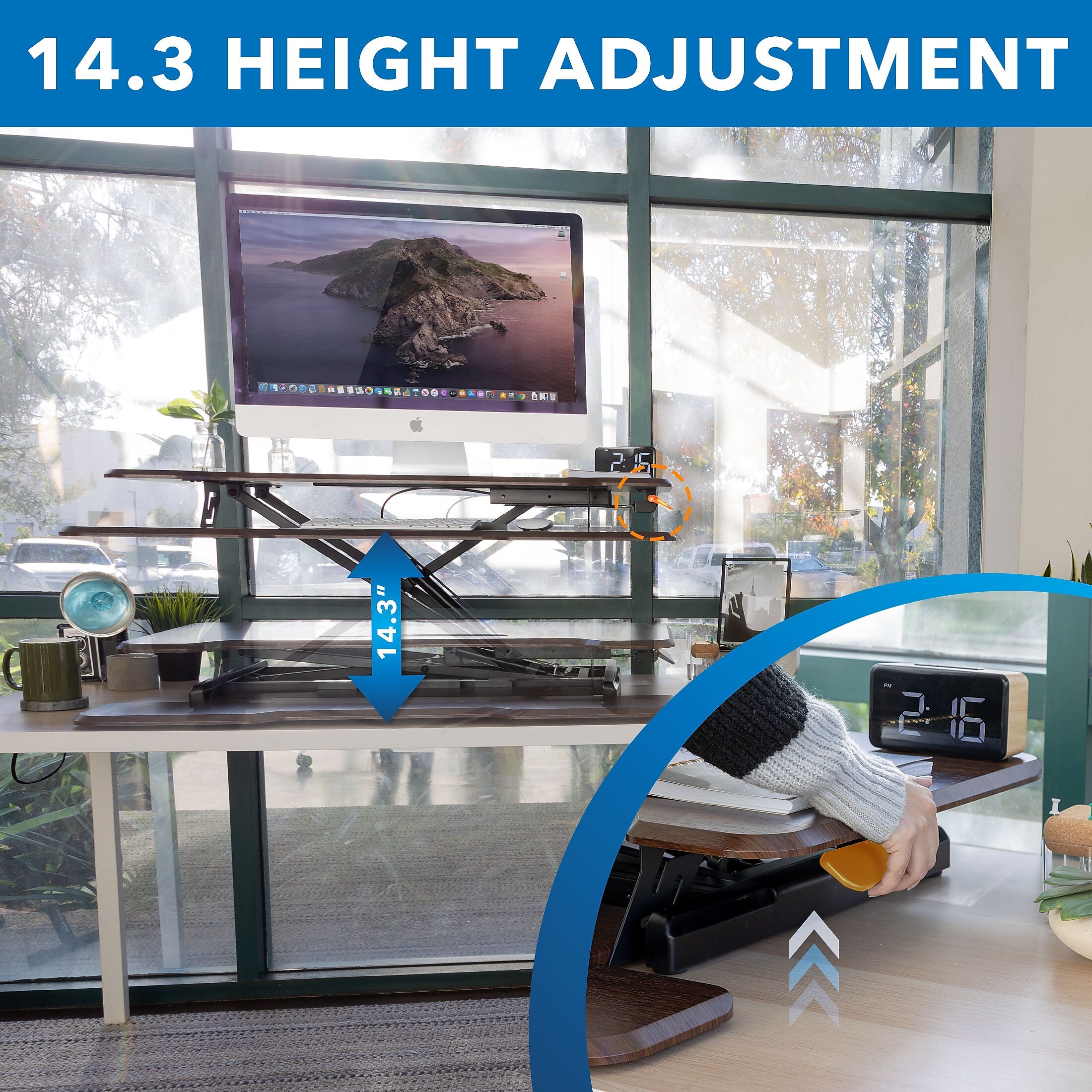 Mount-It! 38"W Manual Adjustable Standing Desk Converter, Dark Walnut Woodgrain