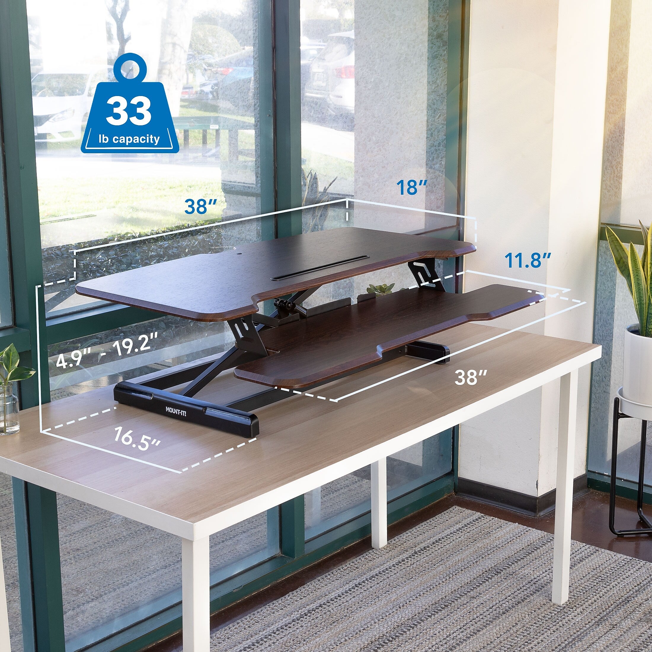 Mount-It! 38"W Manual Adjustable Standing Desk Converter, Dark Walnut Woodgrain