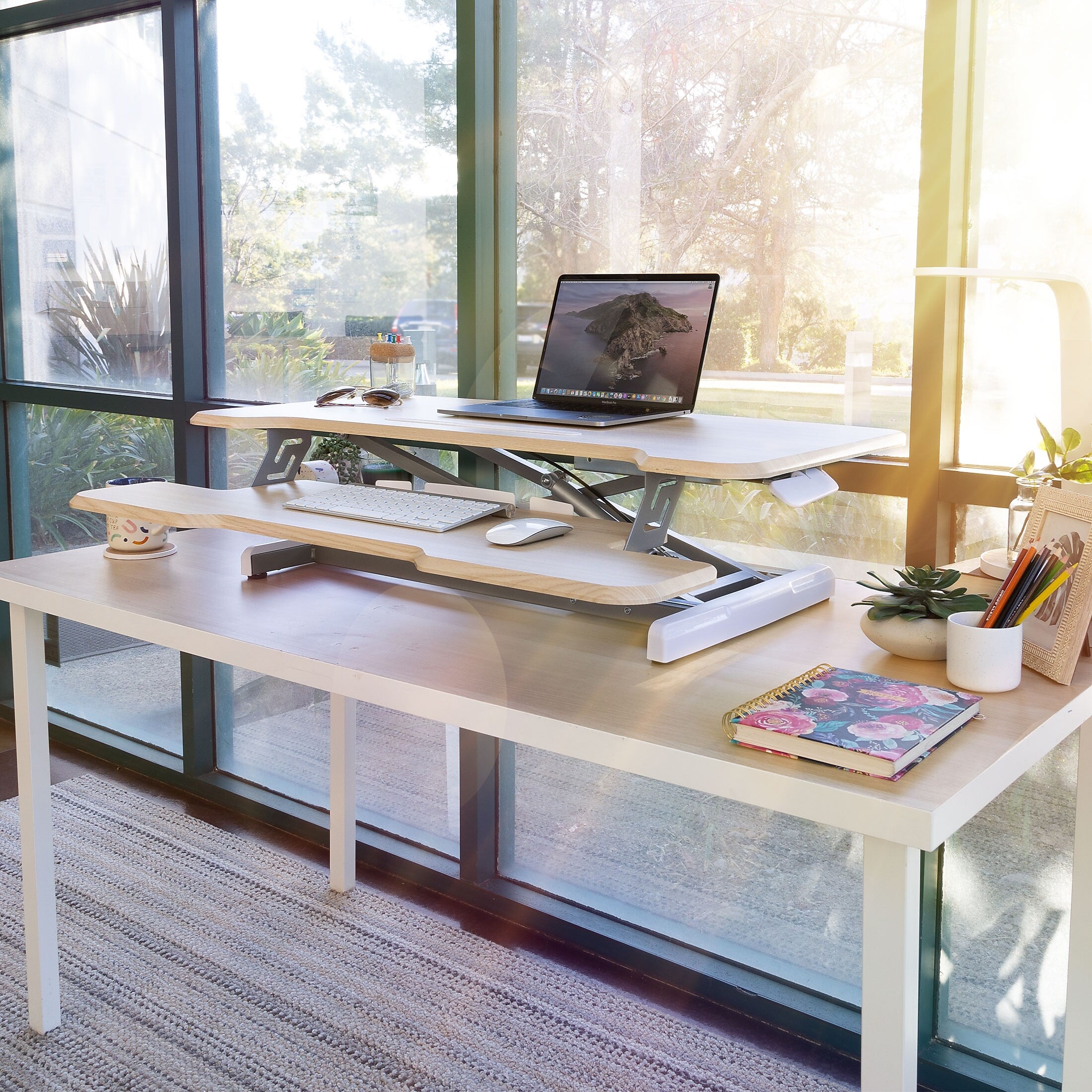 Mount-It! 38"W Manual Adjustable Standing Desk Converter, Maple Woodgrain