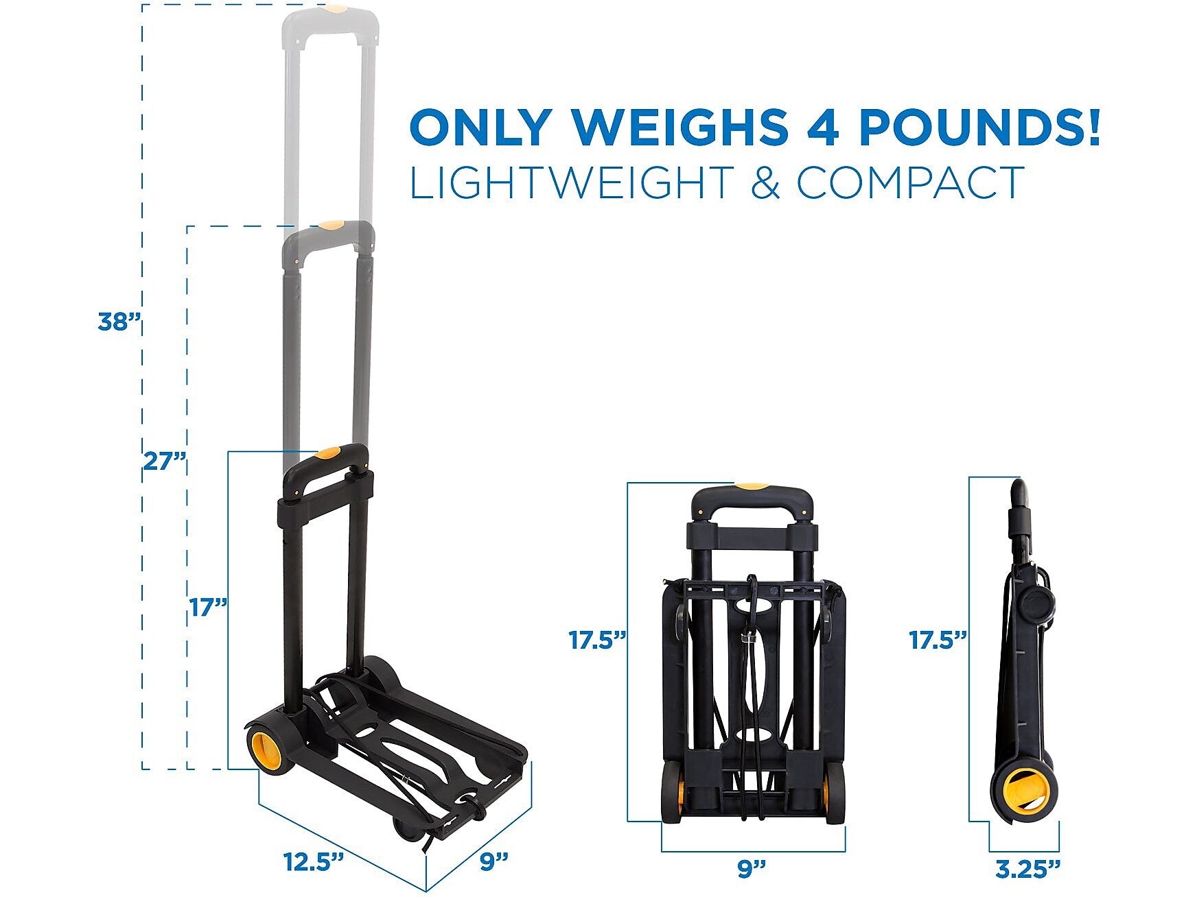 Mount-It! Folding Luggage Cart and Dolly, 77 lb. Capacity, Black/Yellow