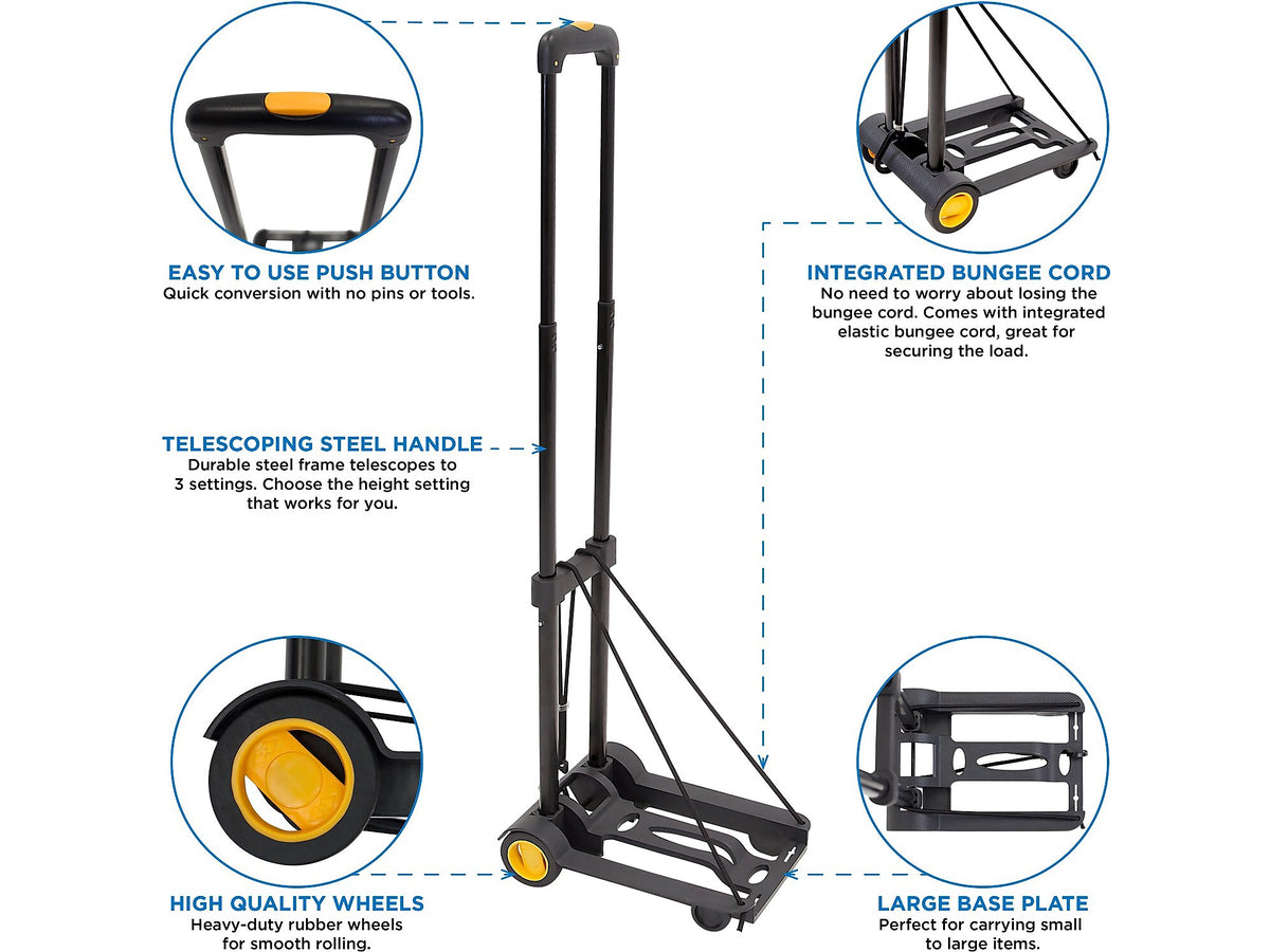 Mount-It! Folding Luggage Cart and Dolly, 77 lb. Capacity, Black/Yellow