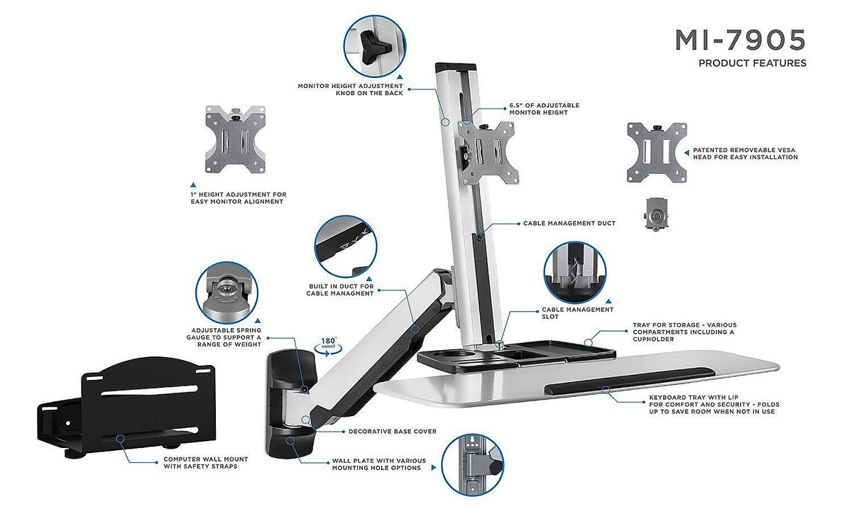 Mount-It! Sit Stand Wall Mount Workstation, Articulating Standing Desk for a Single Monitor, Floating Keyboard Tray