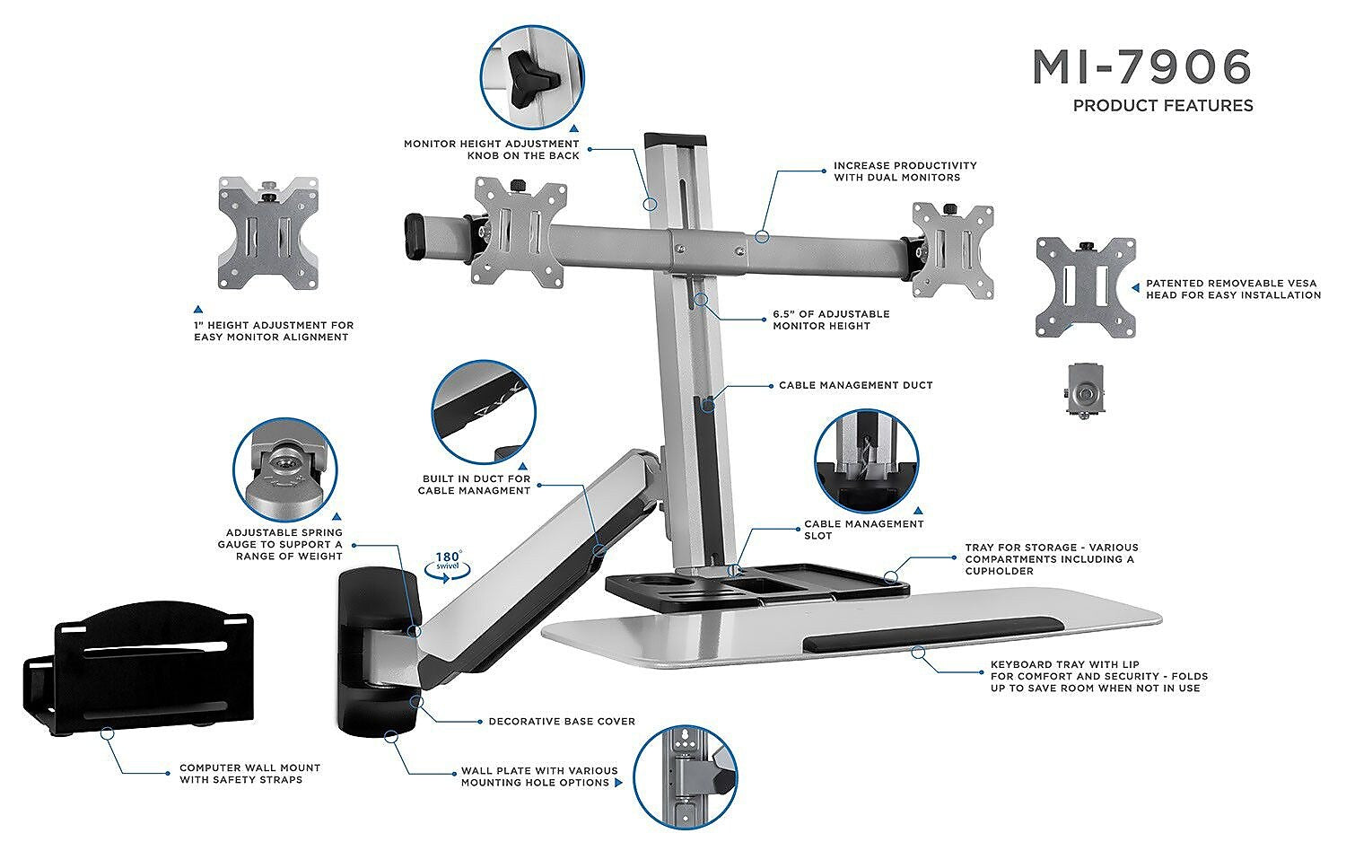 Mount-It! Sit Stand Wall Mount Workstation, Articulating Standing Desk for Dual Monitors, Floating Keyboard Tray