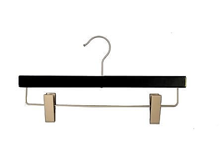 NAHANCO 14" Wood Skirt/Slack Hanger With Clips, Brushed Chrome Hook, Low Gloss Black, 100/Pack