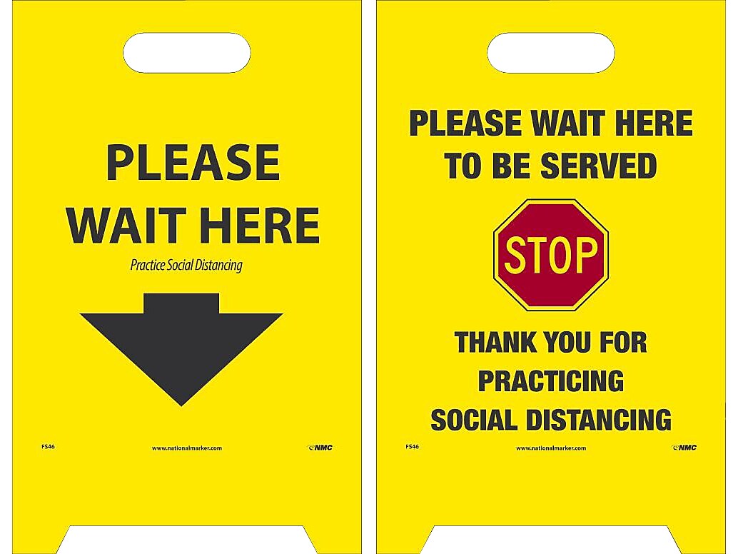 National Marker Double-Sided A-Frame Sign, "Please Wait Here/Please Wait Here to be Served," 19" x 12", Yellow/Black/Red