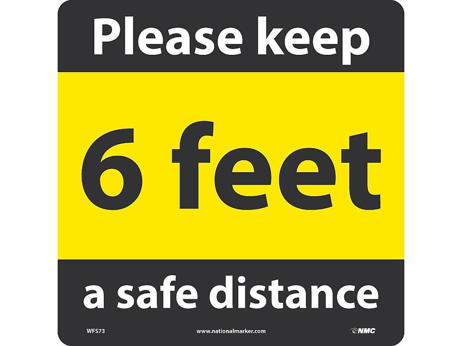 National Marker Walk-On™ Floor Decal, "6 Feet Please Keep a Safe Distance," 12" x 12", Yellow/Black