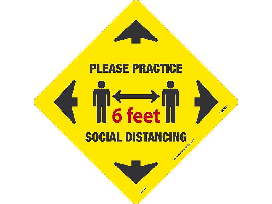 National Marker Walk-On™ Floor Decal, "Please Practice Social Distancing," 12" x 12", Yellow