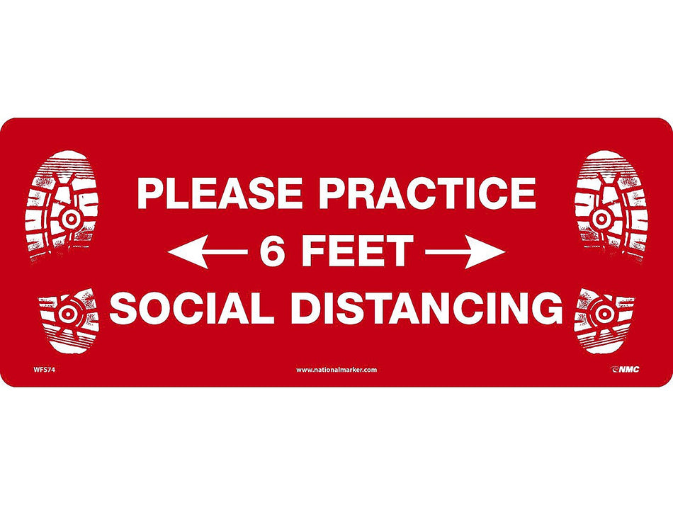 National Marker Walk-On™ Floor Decal, "Please Practice Social Distancing," 8" x 20", Red/White