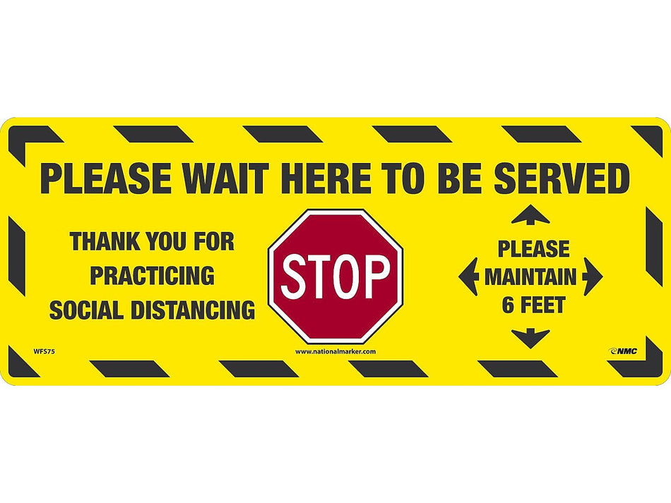 National Marker Walk-On™ Floor Decal, "Please Wait Here to be Served," 8" x 20", Yellow/Black/Red