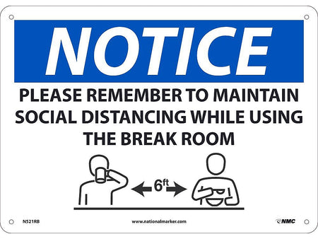 National Marker Wall Sign, "Please Maintain Social Distancing While Using Breakroom," Plastic, 10" x 14", Blue/White