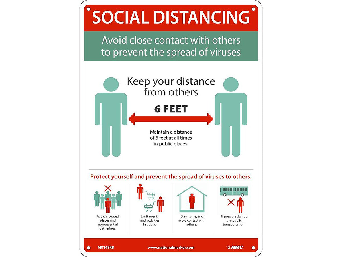 National Marker Wall Sign, "Social Distancing," Plastic, 14" x 10", Green/White/Red