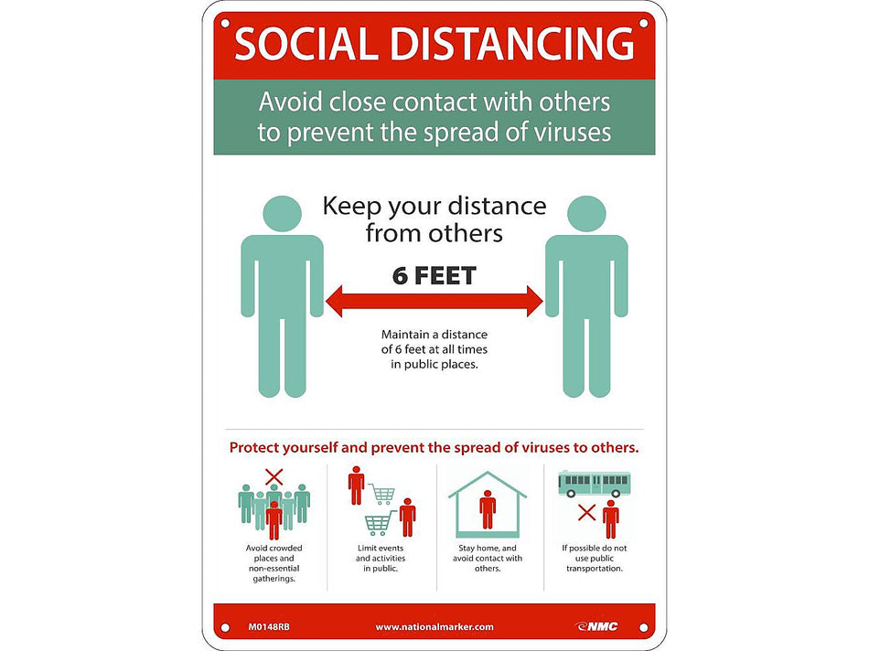 National Marker Wall Sign, "Social Distancing," Plastic, 14" x 10", Green/White/Red