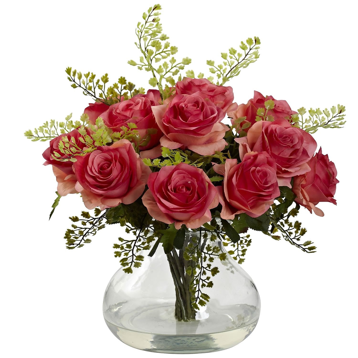 Nearly Natural 1366-DP Rose & Maiden Hair Arrangement With Vase 14 x 14 inch, Dark Pink