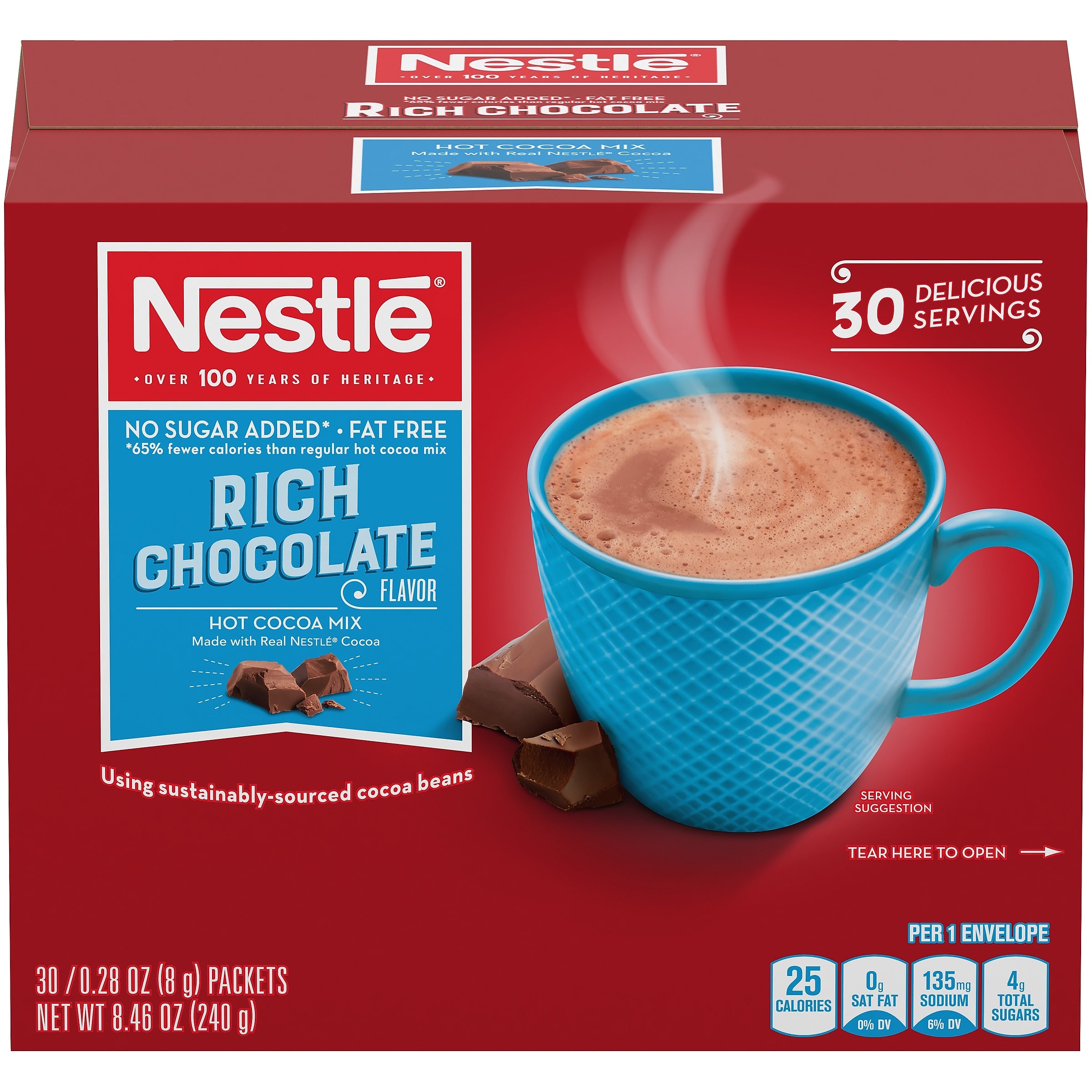 Nestle No Sugar Added Rich Chocolate Hot Cocoa, 0.28 oz, 30/Box