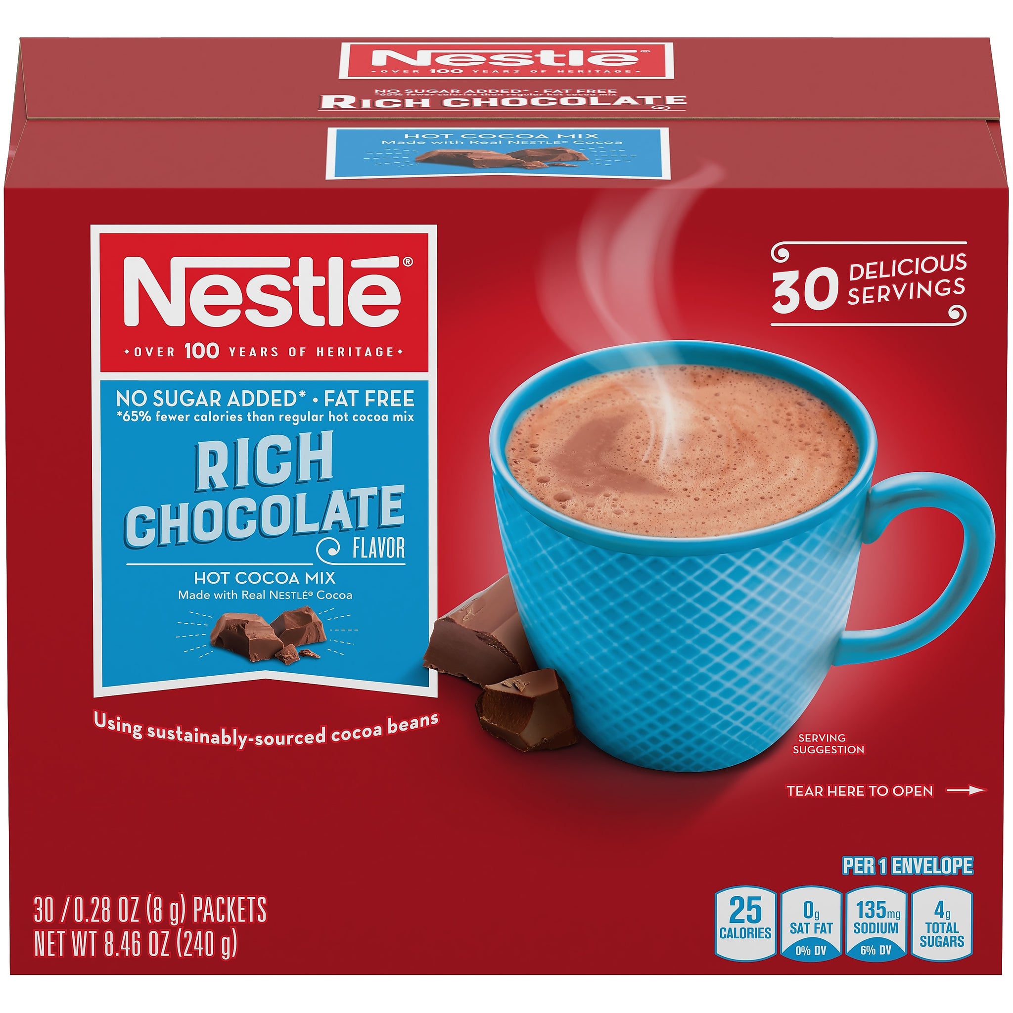 Nestle No Sugar Added Rich Chocolate Hot Cocoa, 0.28 oz, 30/Box