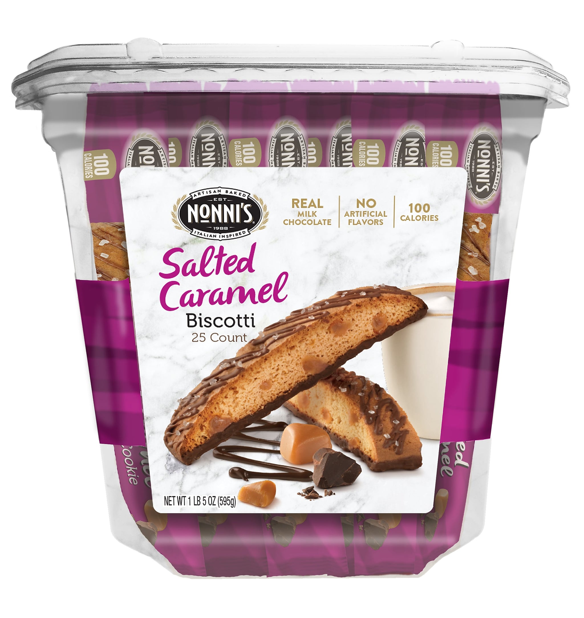 Nonni's individually wrapped Salted Caramel Italian Cookies, .86oz value pack of 25 in a 21.5oz tub