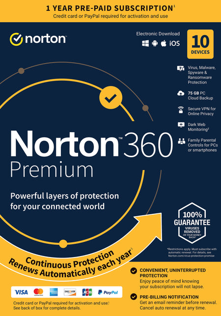 Norton 360 Premium 10 Device, Windows/Mac/Android/iOS, Product Key Card