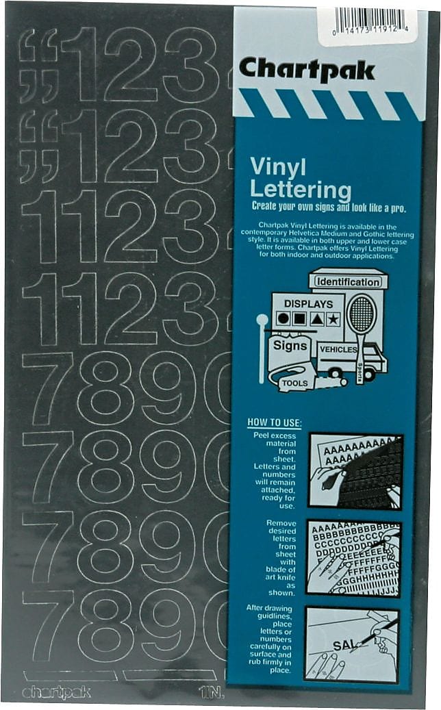 Numbers, Press-On Vinyl, Self-Adhesive, Indoor/Outdoor, Black, 1", 44/Pack