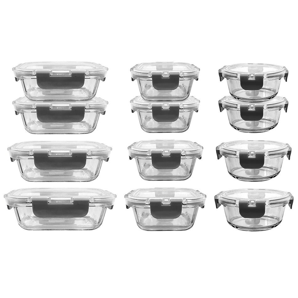 NutriChef Stackable Borosilicate Glass Food Storage Containers Set, 24-Piece
