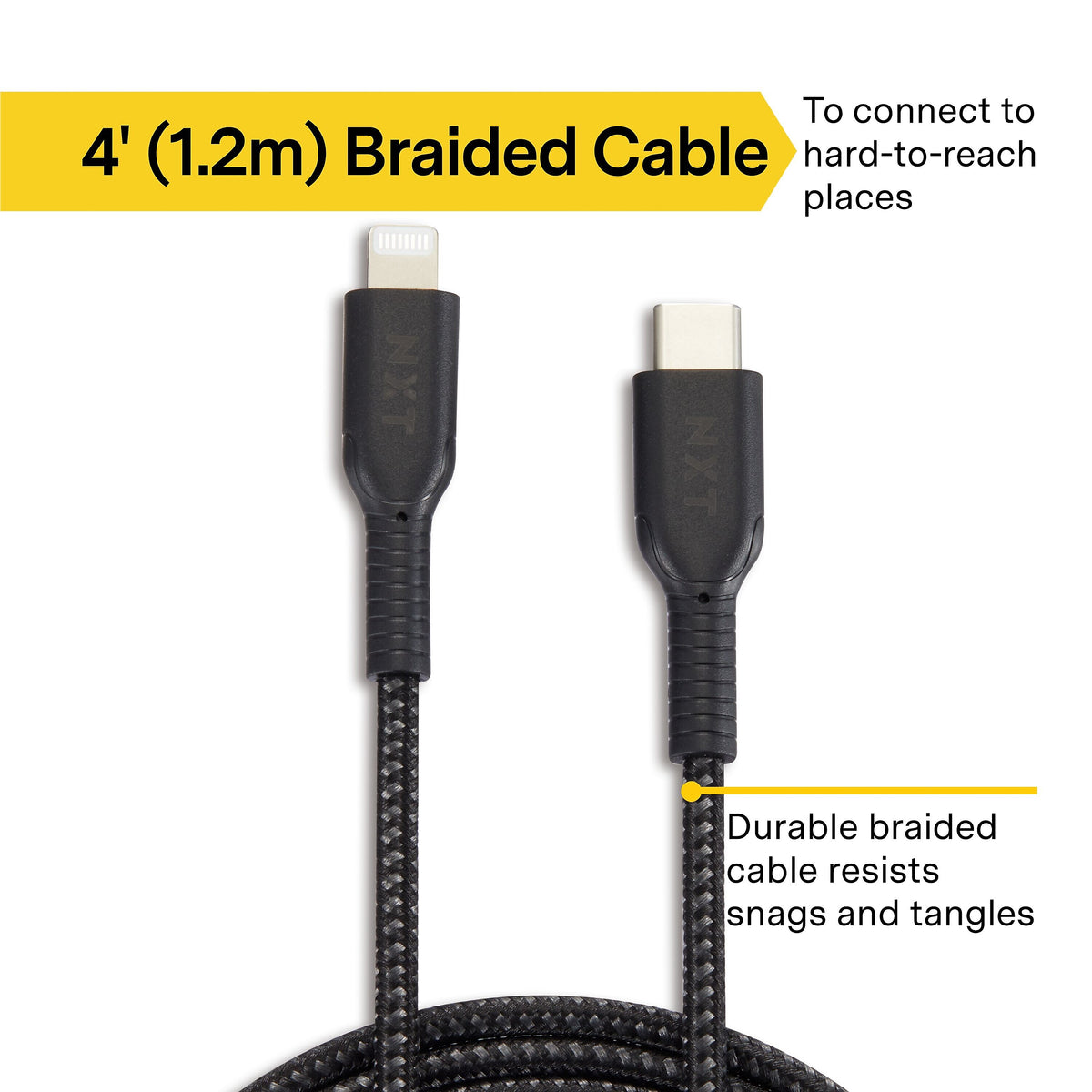 NXT Technologies™ 4 Ft. Braided USB-C to Lightning Cable for iPhone/iPad/iPod touch, Black