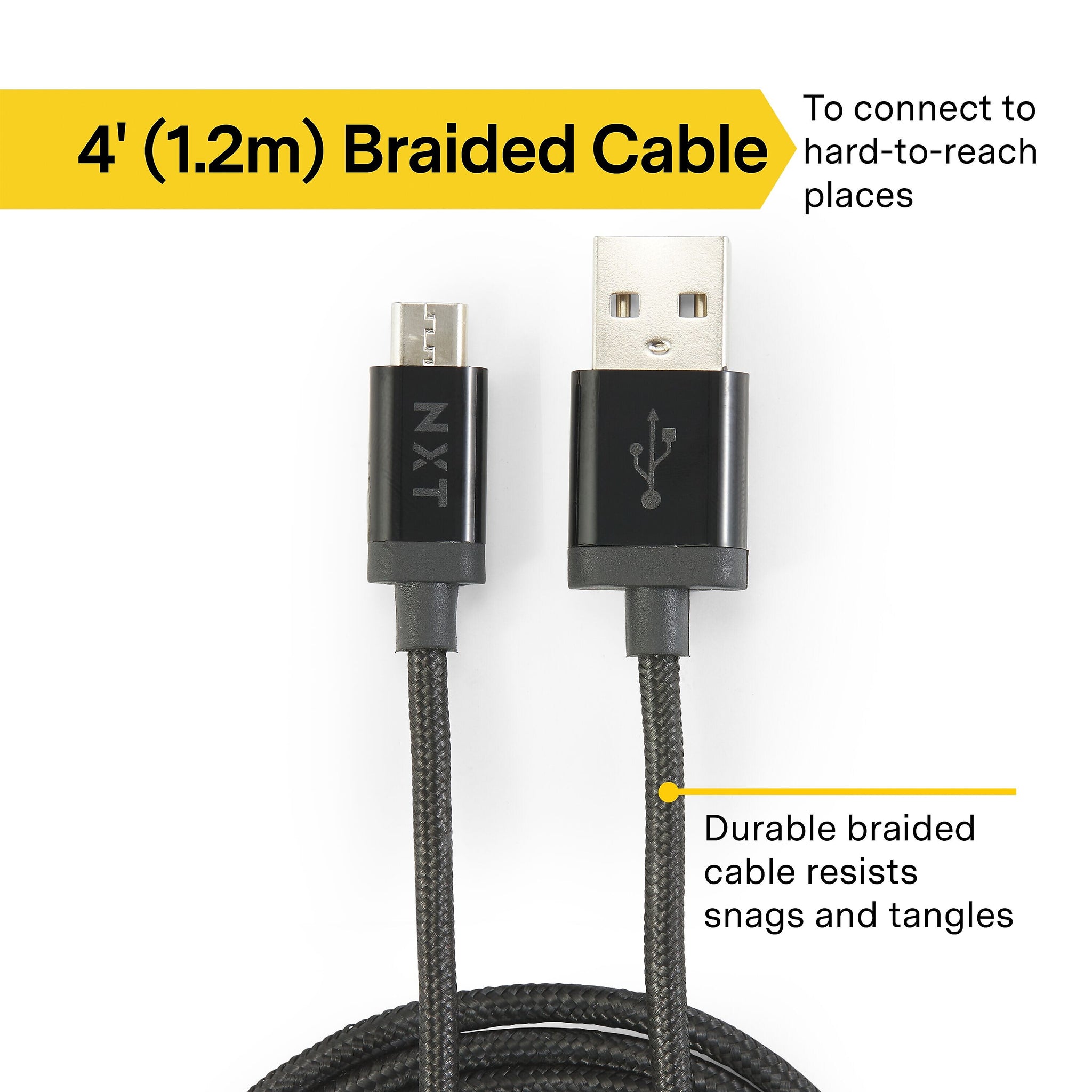 NXT Technologies 6 Ft. Braided USB-A to Micro-USB Charging Cable for Samsung/Android, Black