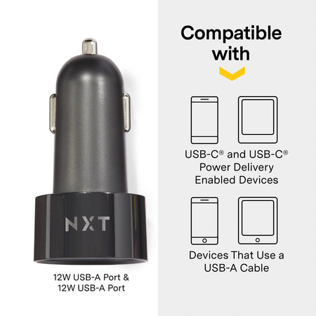 NXT Technologies™ Universal 2 USB Port Car Charger, Black