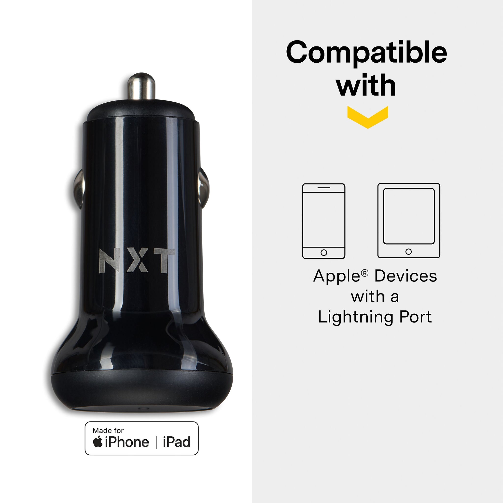 NXT Technologies™ USB-C Car Charger with Lightning Cable for iPhone/iPad, Black