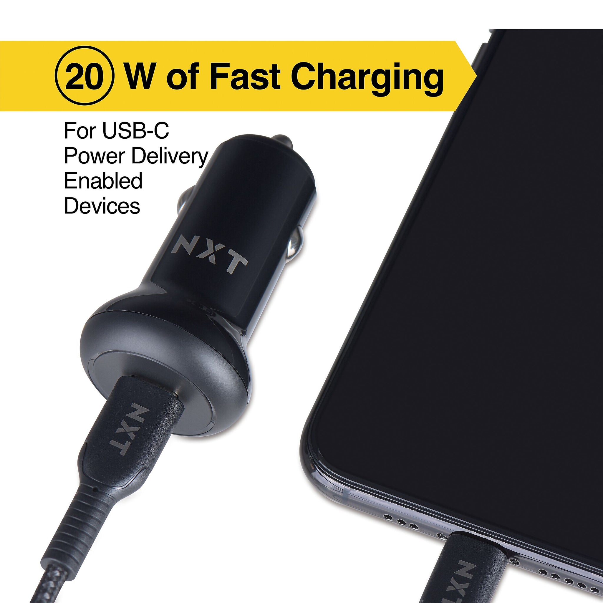 NXT Technologies™ USB-C Car Charger with Lightning Cable for iPhone/iPad, Black