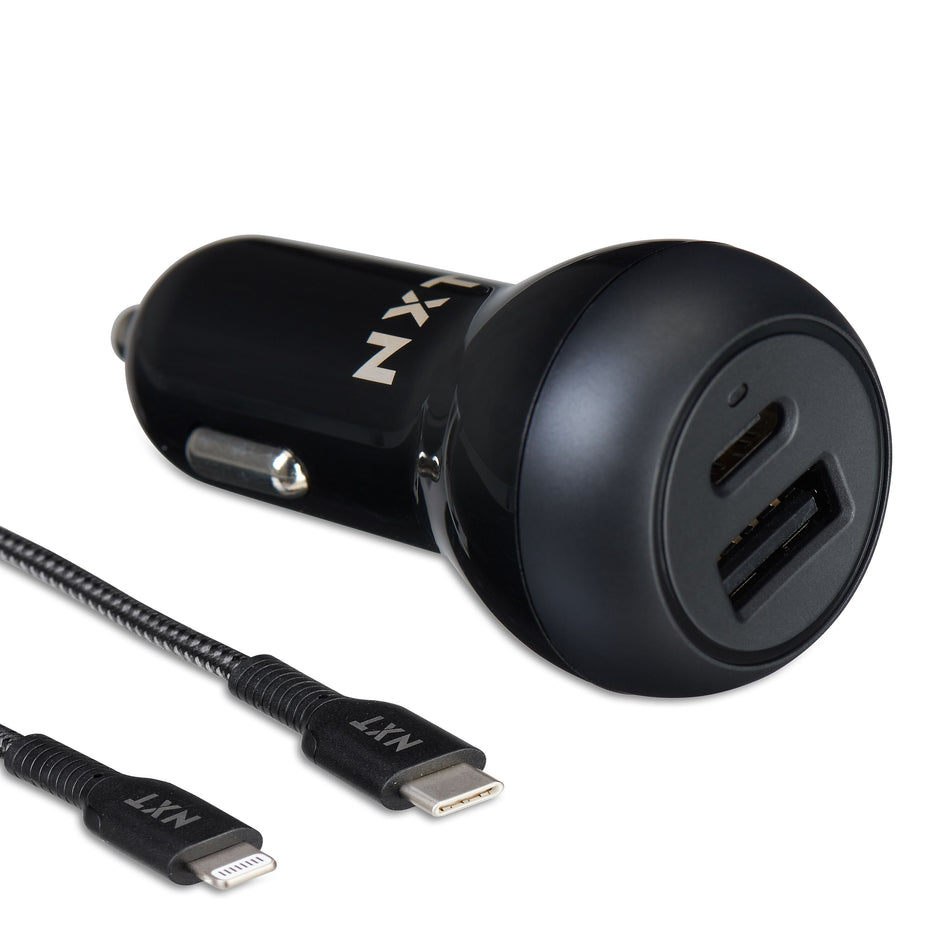 NXT Technologies™ USB-C/USB-A Car Charger with Lightning Cable for iPhone/iPad, Black