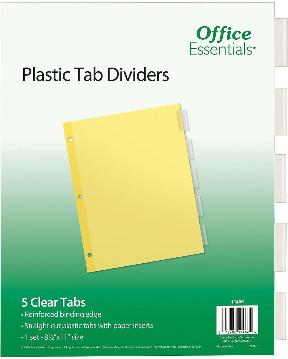 Office Essentials Insertable Paper Dividers, 5 Tabs, Clear