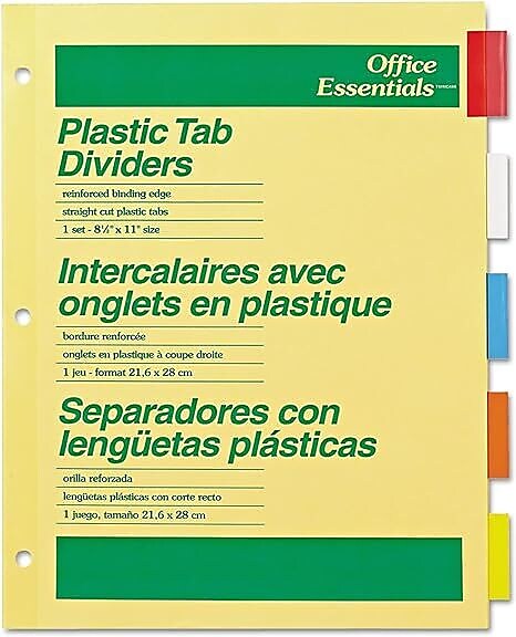 Office Essentials Insertable Paper Dividers, 5 Tabs, Multicolor