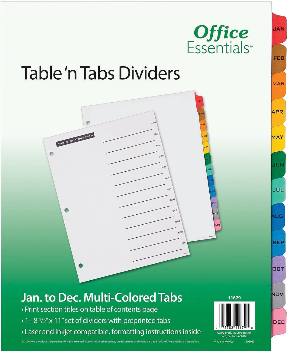 Office Essentials Table 'n Tabs Paper Dividers, Jan-Dec Tabs, Multicolor